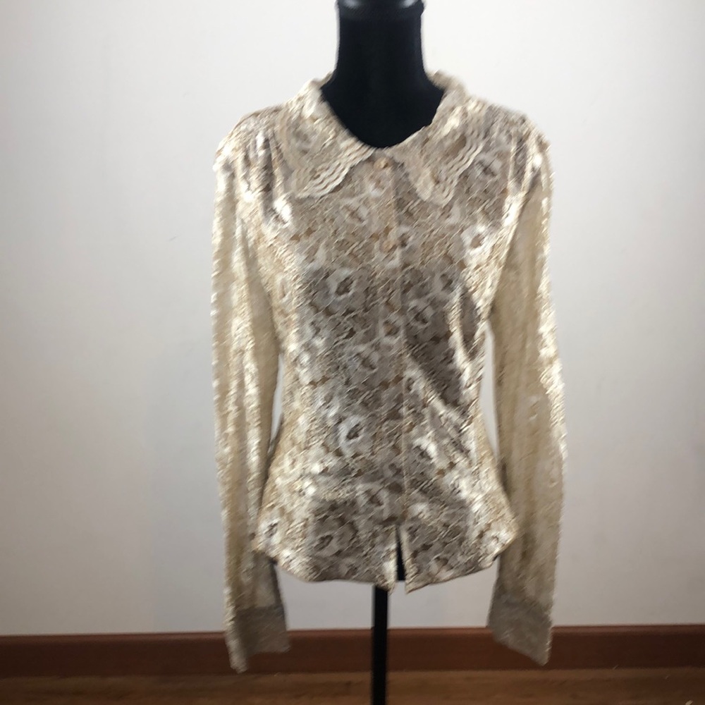 AKS by Amy K su gold lace button down blouse with sheer lace sleeves and collar.